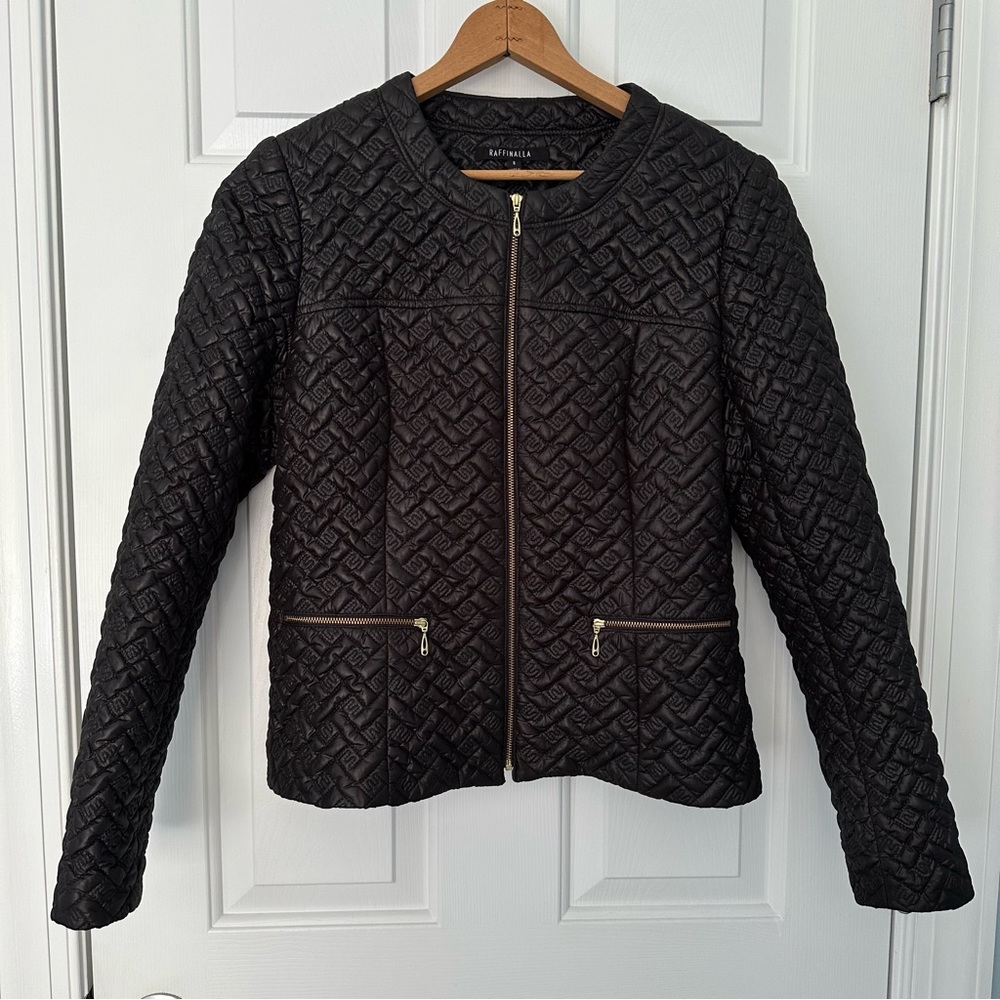 Raffinalla Black Quilted Puffer Jacket Coat Zip Up Retro Gold Hardware Sz 8